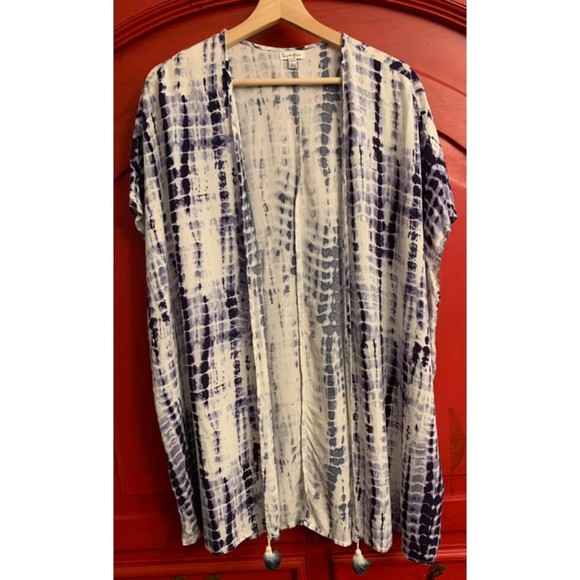 Love Five Blue White Tie Dye Tassel Trim Cardigan or Beach Cover Up EUC Size M - Picture 1 of 3